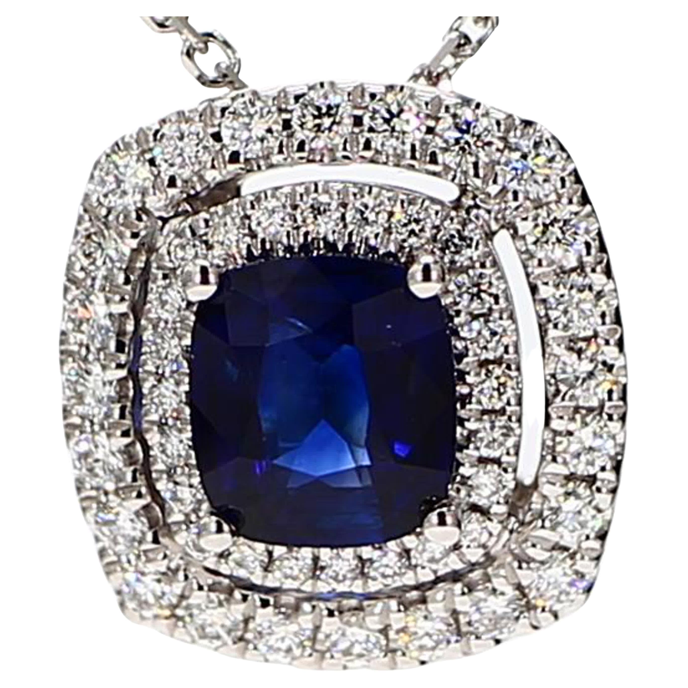 Natural Blue Cushion Sapphire and White Diamond 1.43 Carat TW White Gold Pendant For Sale