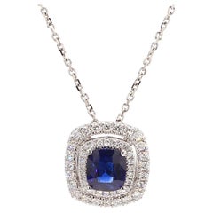 Natural Blue Cushion Sapphire and White Diamond 1.43 Carat TW White Gold Pendant