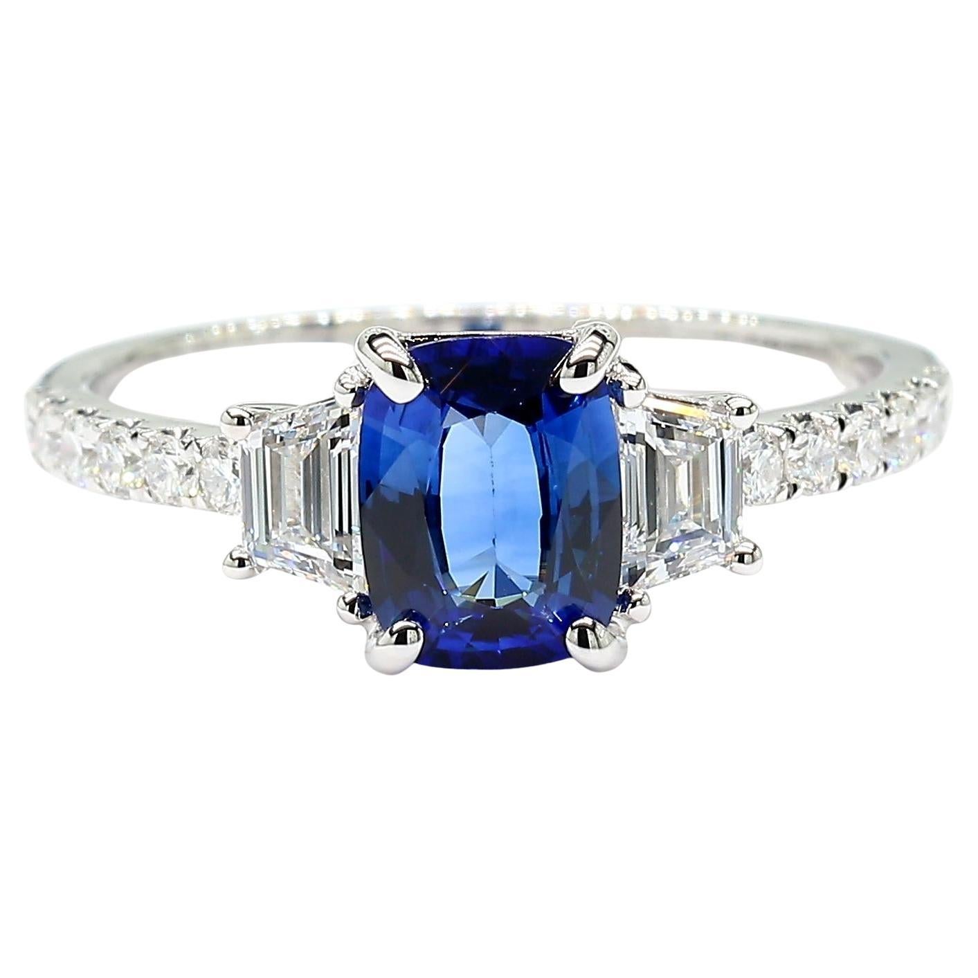 Natural Blue Cushion Sapphire and White Diamond 1.49 Carat TW Gold Cocktail Ring