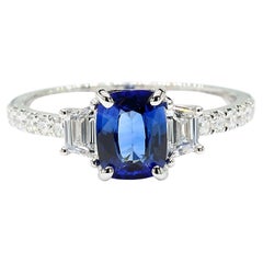 Natural Blue Cushion Sapphire and White Diamond 1.49 Carat TW Gold Cocktail Ring