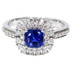 Natural Blue Cushion Sapphire and White Diamond 1.51 Carat TW Gold Cocktail Ring