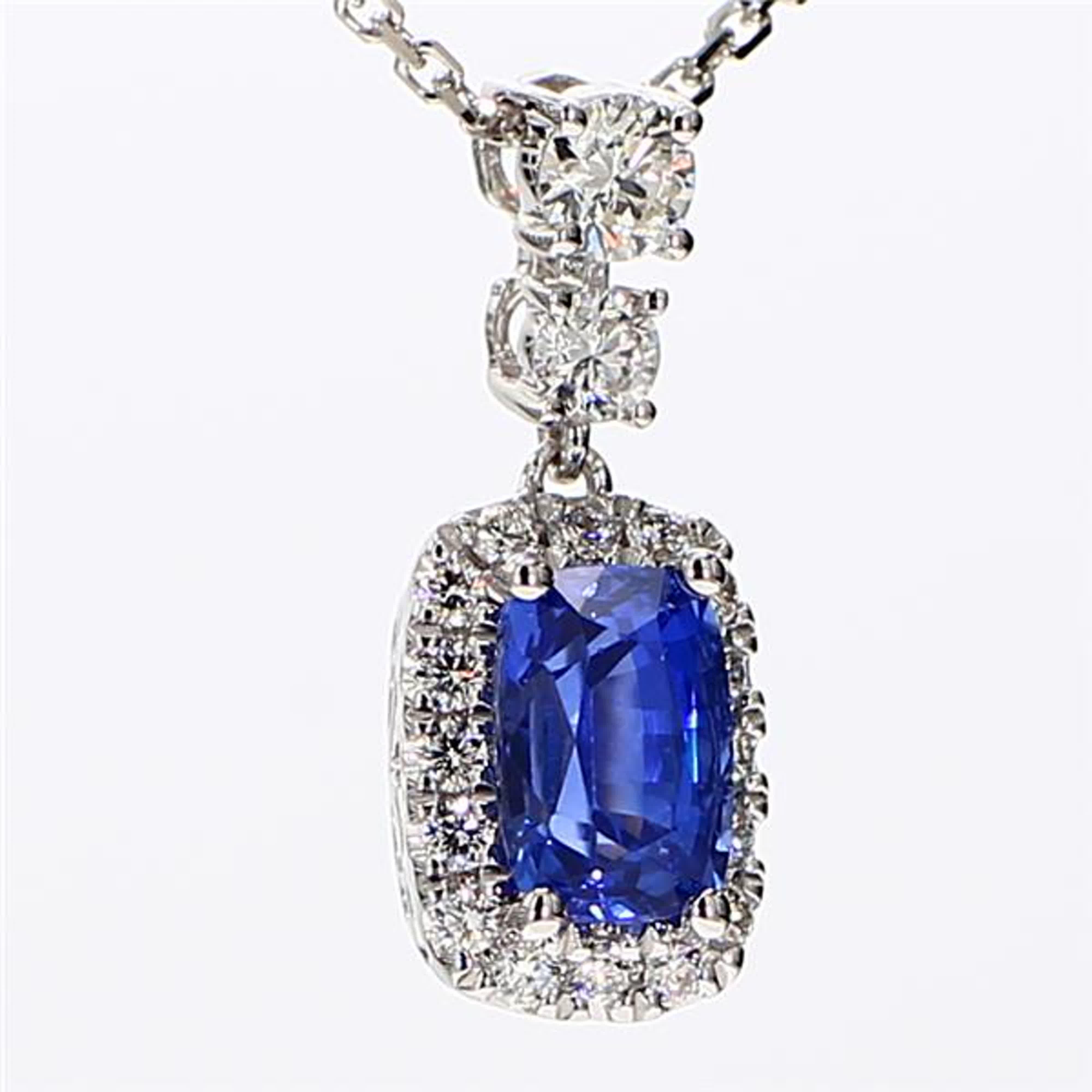 Natural Blue Cushion Sapphire and White Diamond 1.51 Carat TW White Gold Pendant For Sale 1