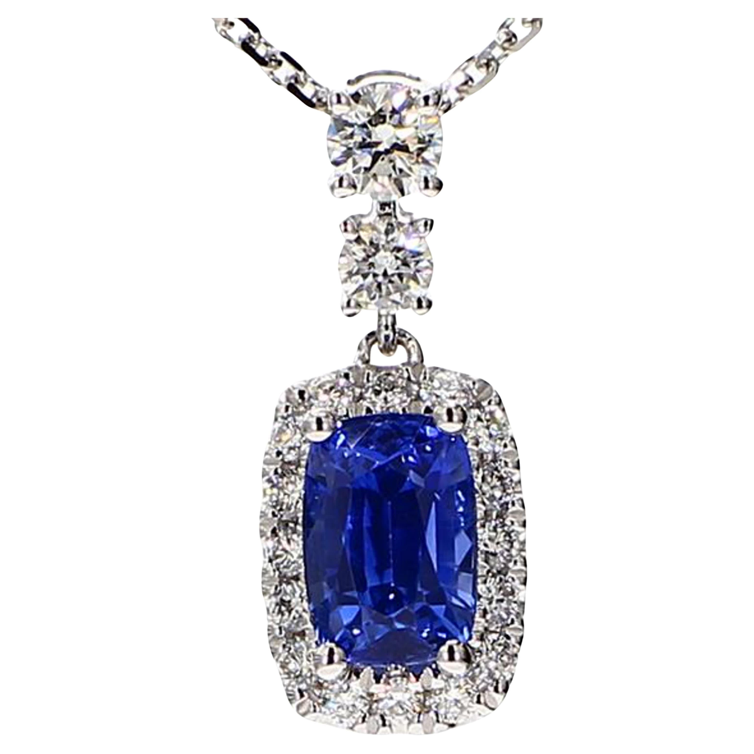 Natural Blue Cushion Sapphire and White Diamond 1.51 Carat TW White Gold Pendant