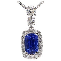 Natural Blue Cushion Sapphire and White Diamond 1.51 Carat TW White Gold Pendant