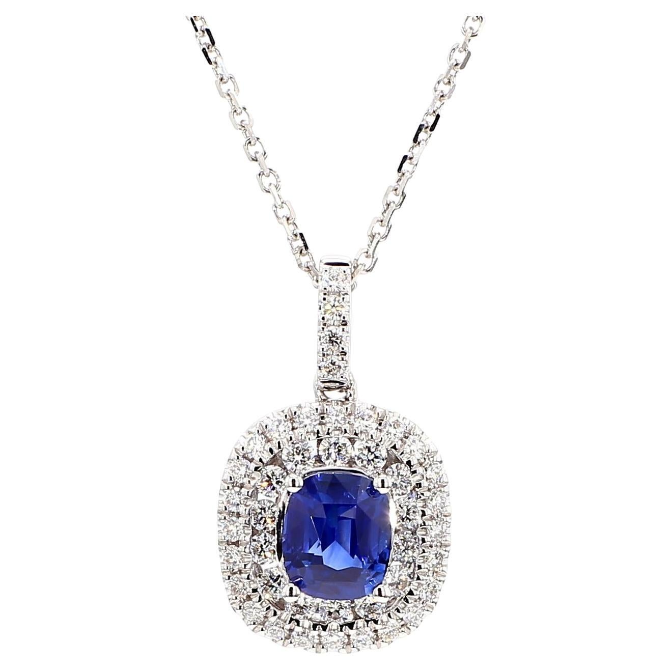 Colgante de oro en forma de gota con zafiro cojín azul natural y diamante blanco de 1,53 quilates TW