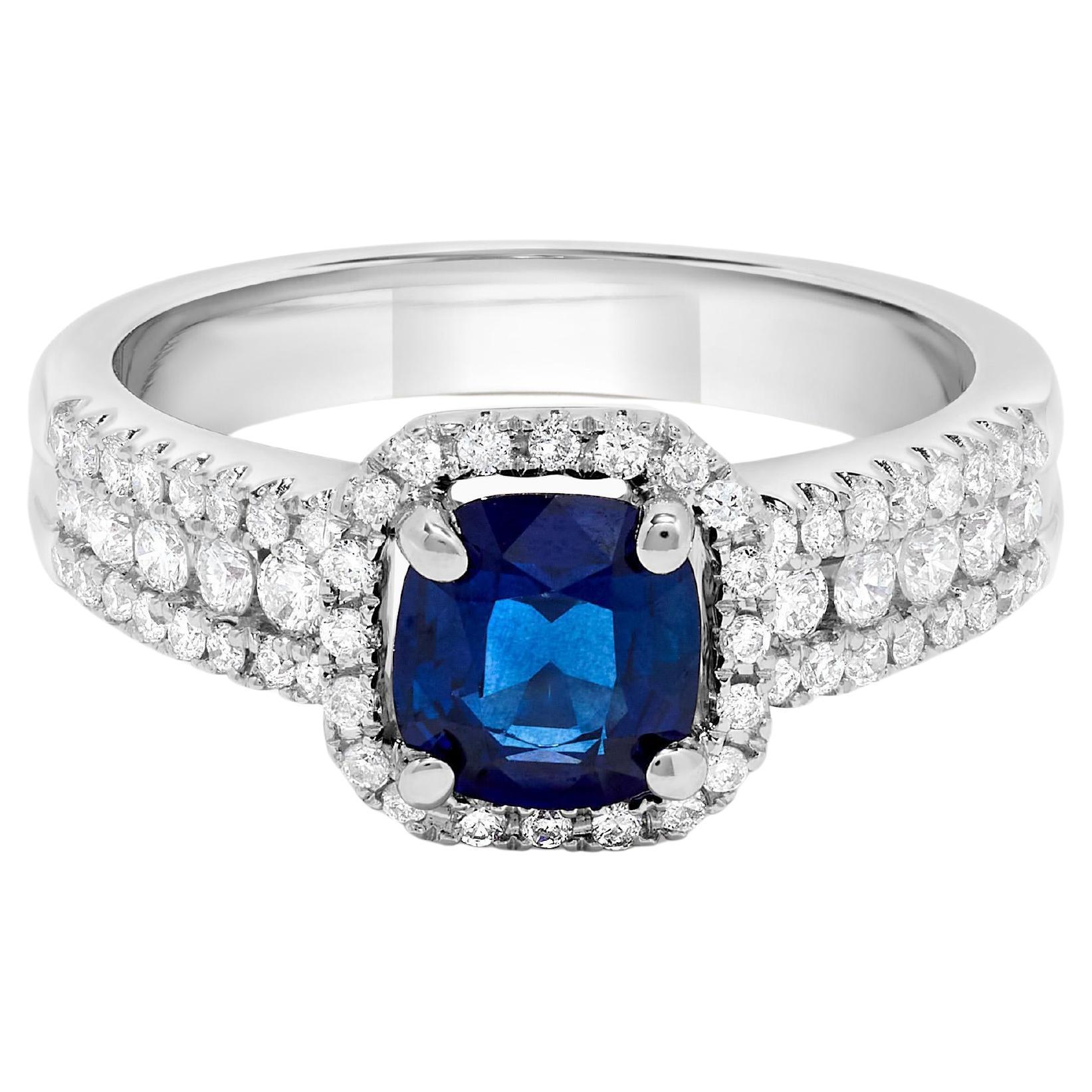Natural Blue Cushion Sapphire and White Diamond 1.58 Carat TW Gold Cocktail Ring