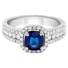 Natural Blue Cushion Sapphire and White Diamond 1.58 Carat TW Gold Cocktail Ring