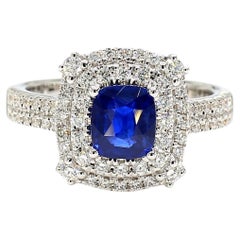 Natural Blue Cushion Sapphire and White Diamond 1.60 Carat TW Gold Cocktail Ring