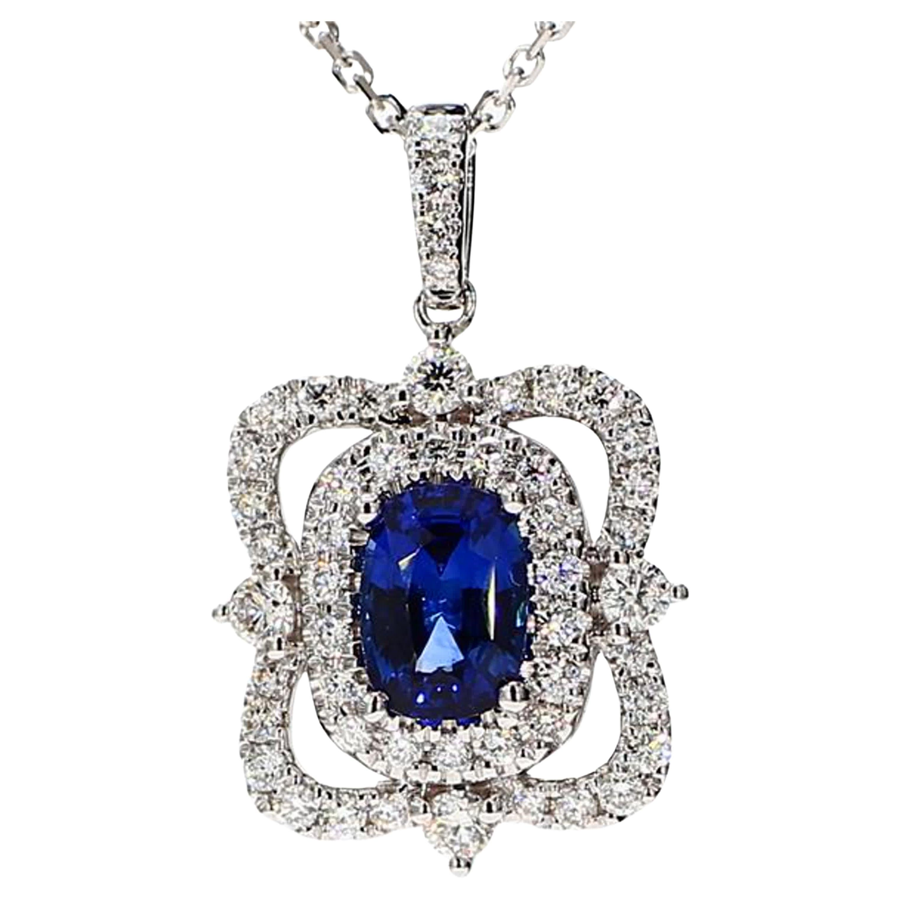 Natural Blue Cushion Sapphire and White Diamond 1.62 Carat TW White Gold Pendant For Sale