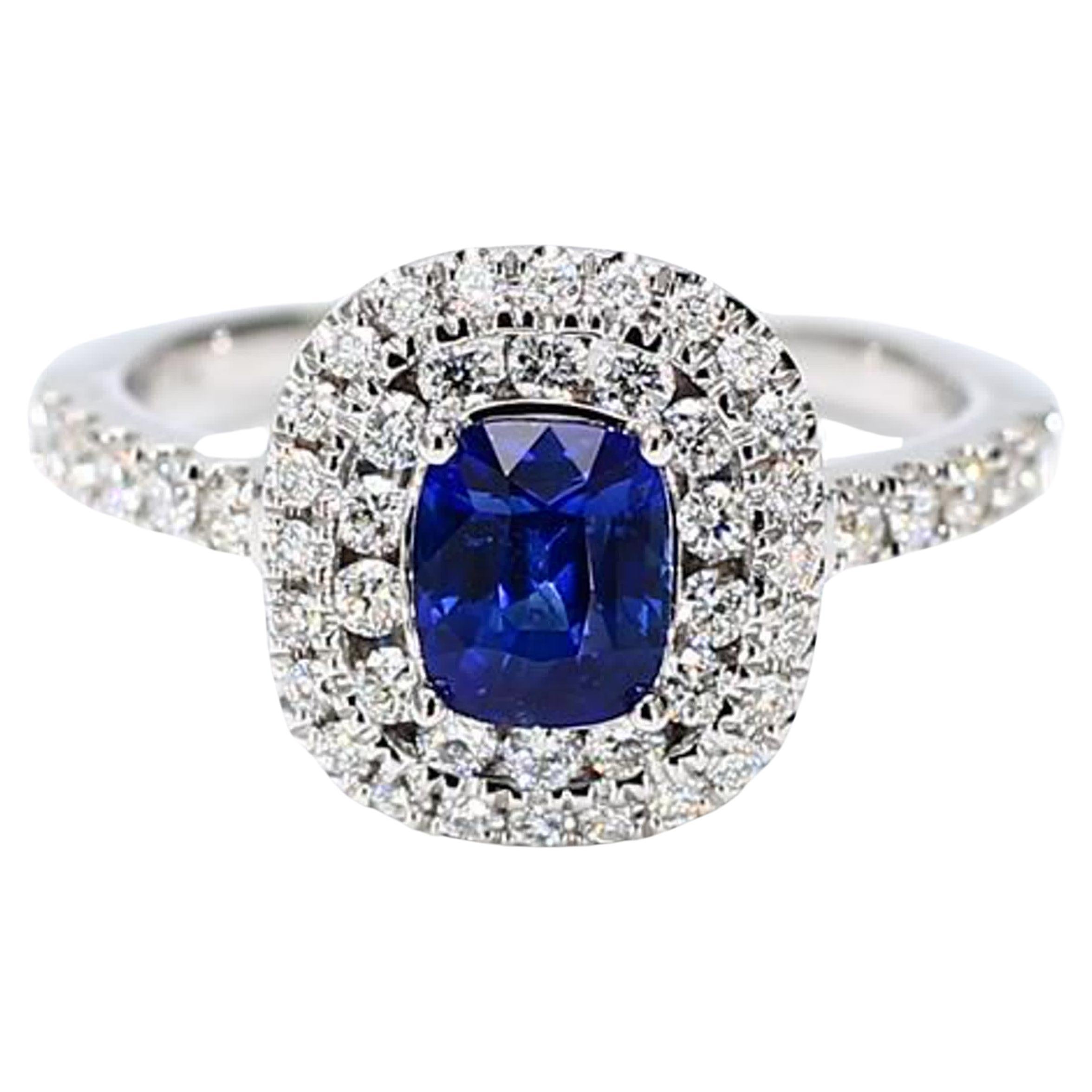 Natural Blue Cushion Sapphire and White Diamond 1.65 Carat TW Gold Cocktail Ring