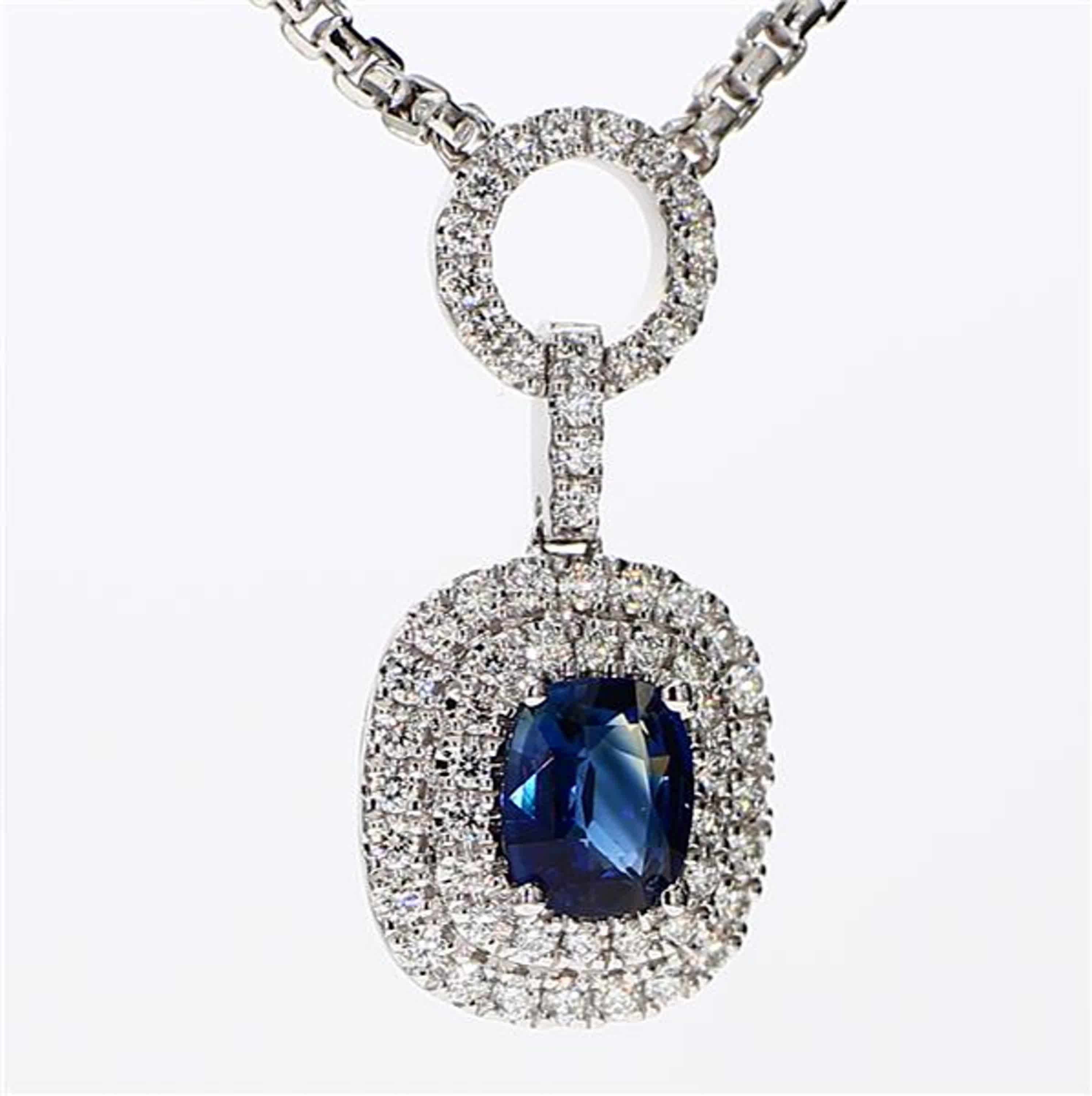 Natural Blue Cushion Sapphire and White Diamond 1.65 Carat TW White Gold Pendant For Sale 1