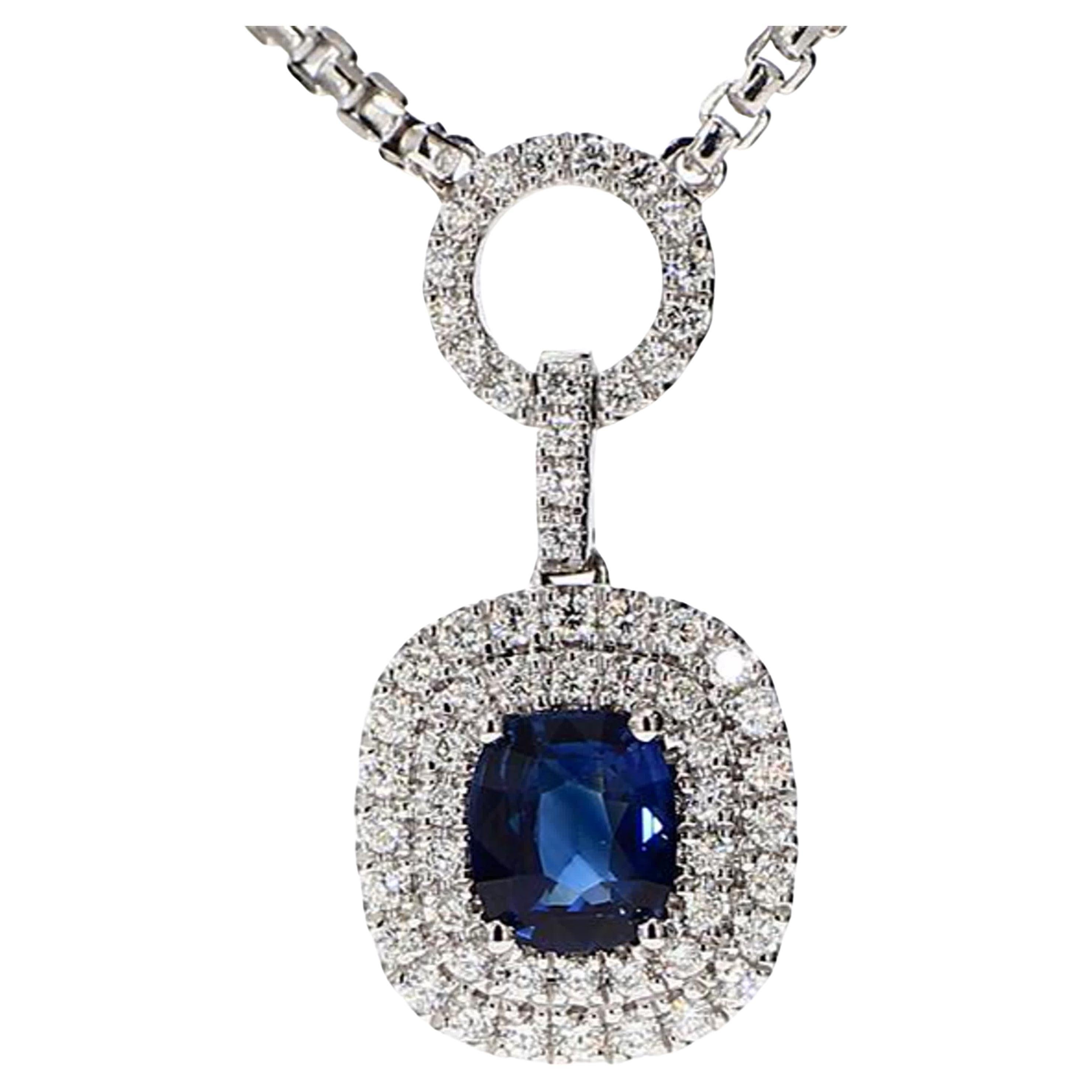 Natural Blue Cushion Sapphire and White Diamond 1.65 Carat TW White Gold Pendant For Sale