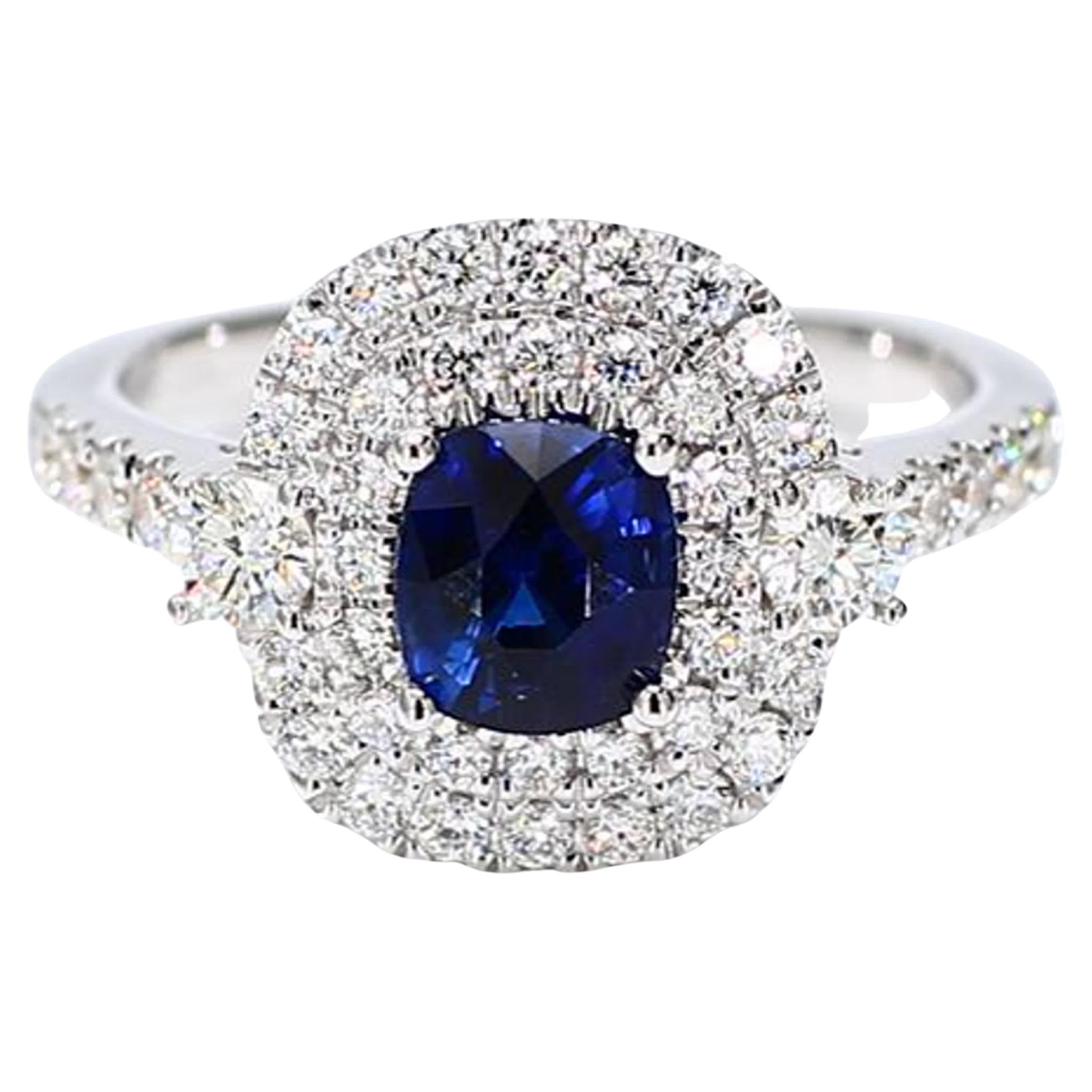 Natural Blue Cushion Sapphire and White Diamond 1.71 Carat TW White Gold Ring For Sale