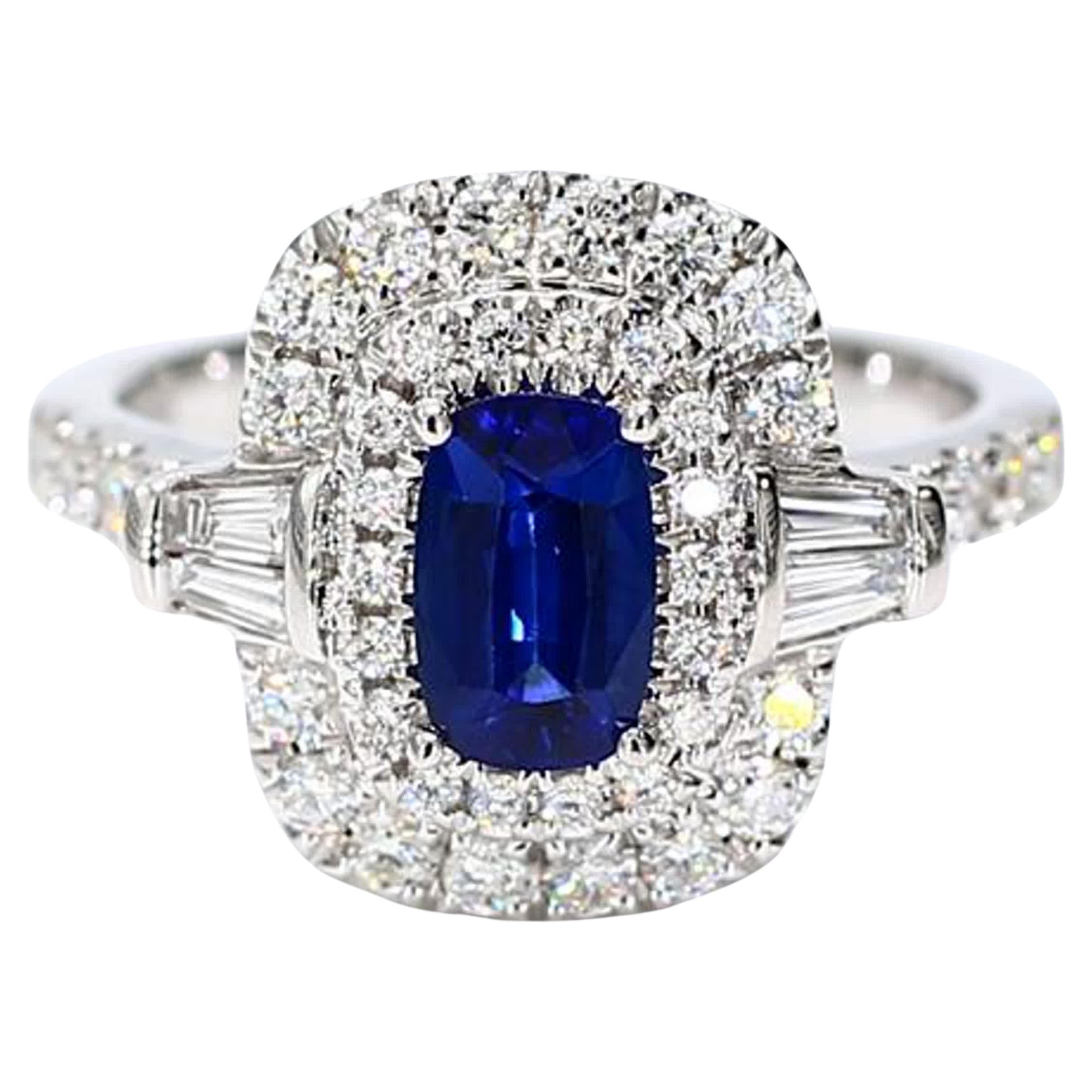 Natural Blue Cushion Sapphire and White Diamond 1.74 Carat TW Gold Cocktail Ring