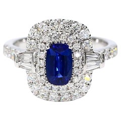 Natural Blue Cushion Sapphire and White Diamond 1.74 Carat TW Gold Cocktail Ring