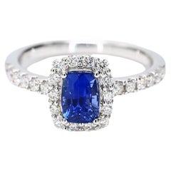 Natural Blue Cushion Sapphire and White Diamond 1.77 Carat TW Gold Cocktail Ring
