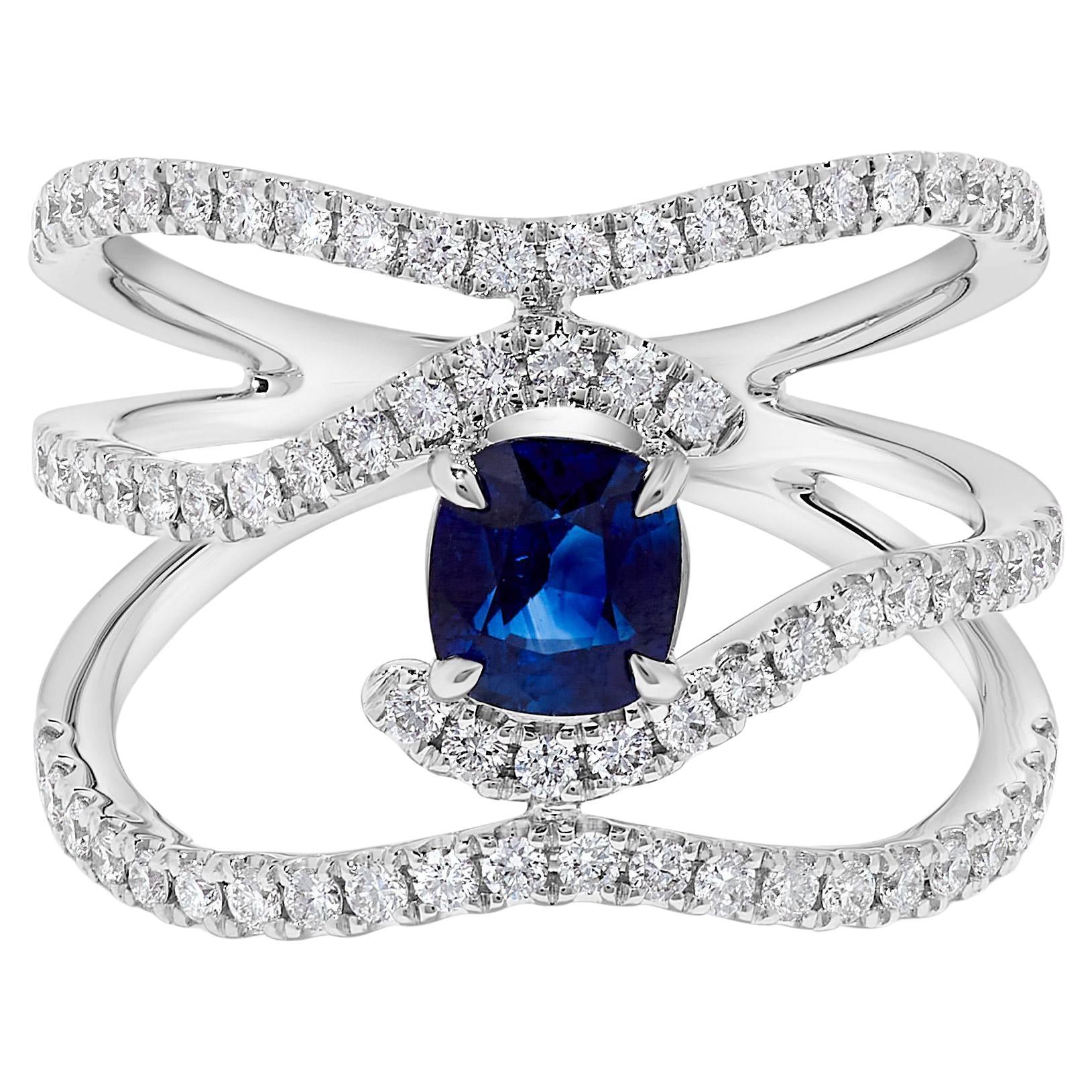 Natural Blue Cushion Sapphire and White Diamond 1.77 Carat TW Gold Cocktail Ring