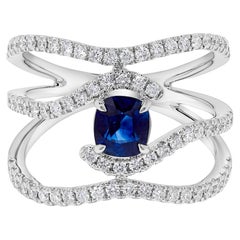 Natural Blue Cushion Sapphire and White Diamond 1.77 Carat TW Gold Cocktail Ring