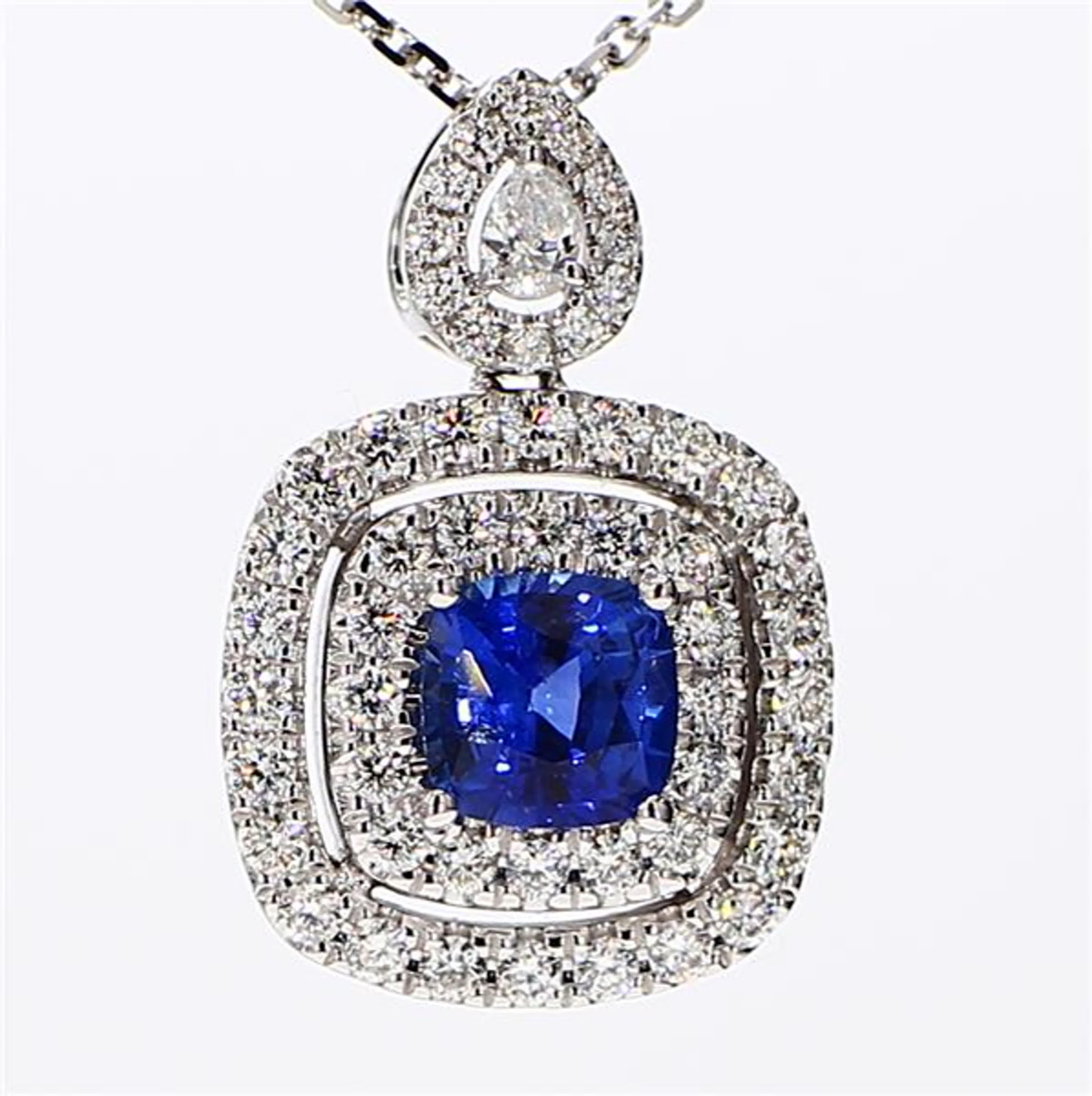Natural Blue Cushion Sapphire and White Diamond 1.77 Carat TW White Gold Pendant For Sale 1