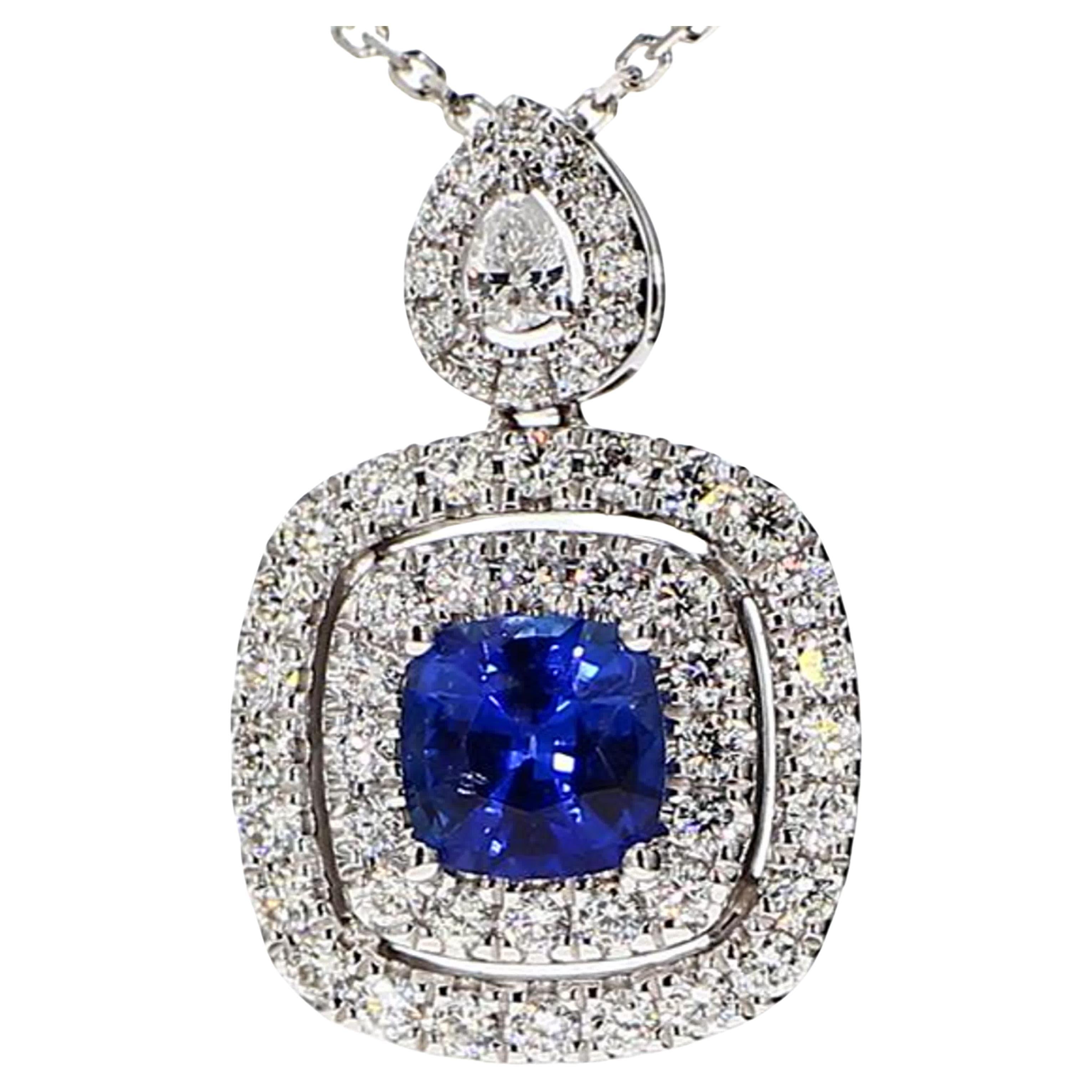 Natural Blue Cushion Sapphire and White Diamond 1.77 Carat TW White Gold Pendant For Sale