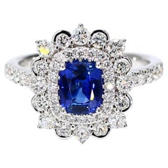 Natural Blue Cushion Sapphire and White Diamond 1.99 Carat TW Gold Cocktail Ring