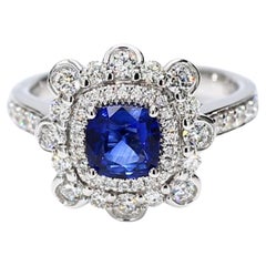Natural Blue Cushion Sapphire and White Diamond 2.03 Carat TW Gold Cocktail Ring