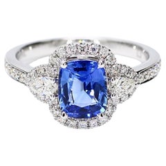 Natural Blue Cushion Sapphire and White Diamond 2.05 Carat TW Gold Cocktail Ring