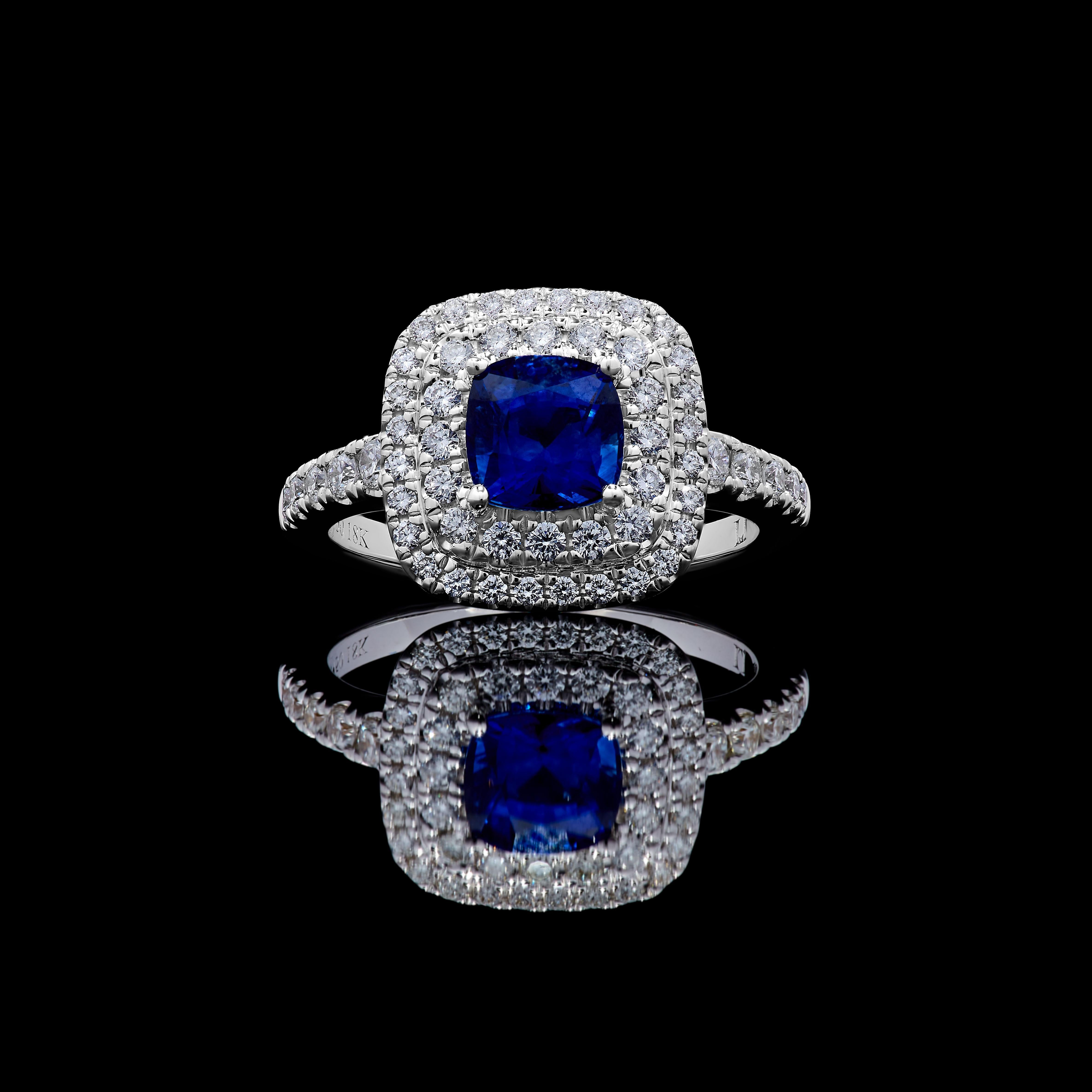 Contemporary Natural Blue Cushion Sapphire and White Diamond 2.30 Carat TW Gold Cocktail Ring For Sale