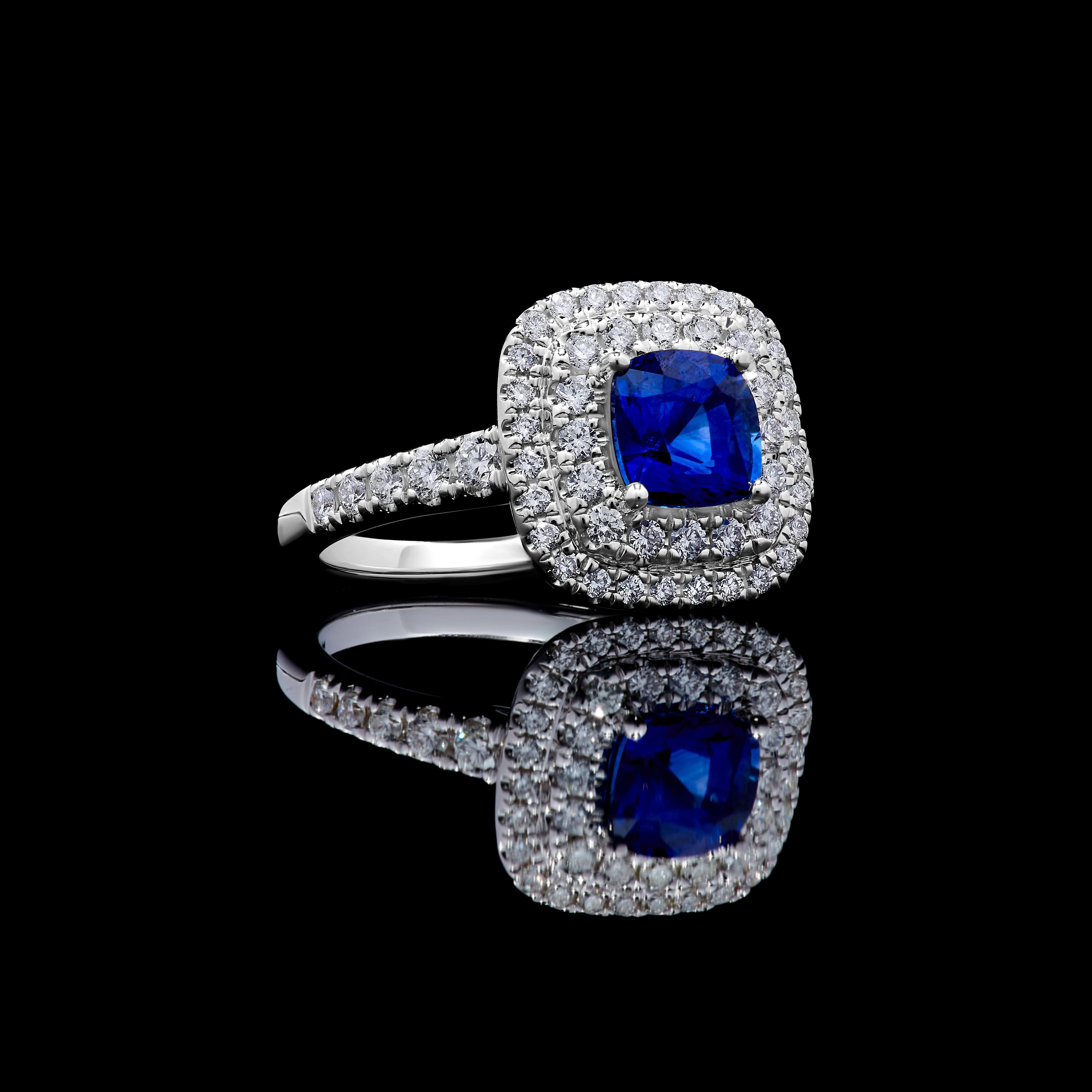 Cushion Cut Natural Blue Cushion Sapphire and White Diamond 2.30 Carat TW Gold Cocktail Ring For Sale