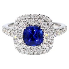 Natural Blue Cushion Sapphire and White Diamond 2.30 Carat TW Gold Cocktail Ring