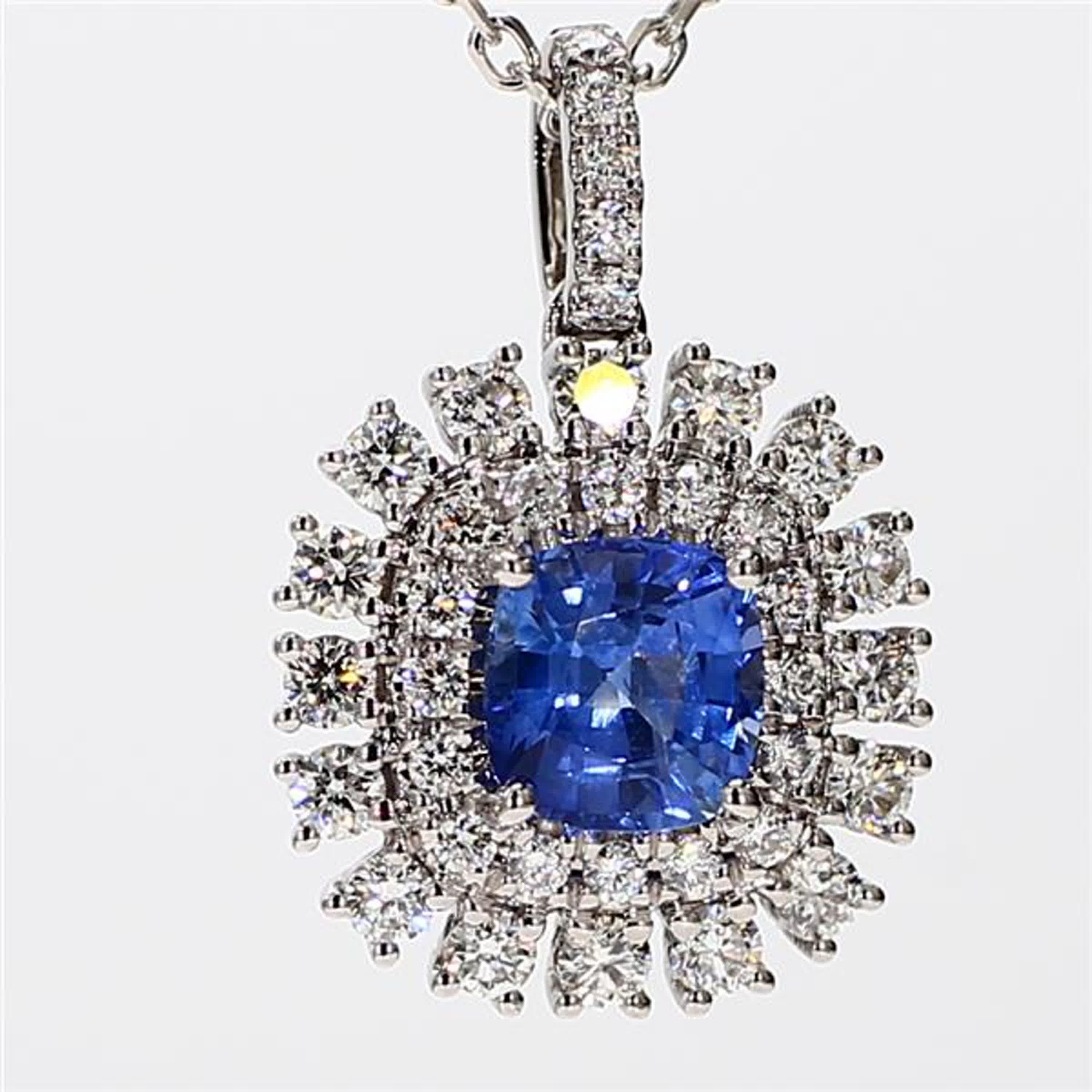 Natural Blue Cushion Sapphire and White Diamond 2.33 Carat TW White Gold Pendant For Sale 1