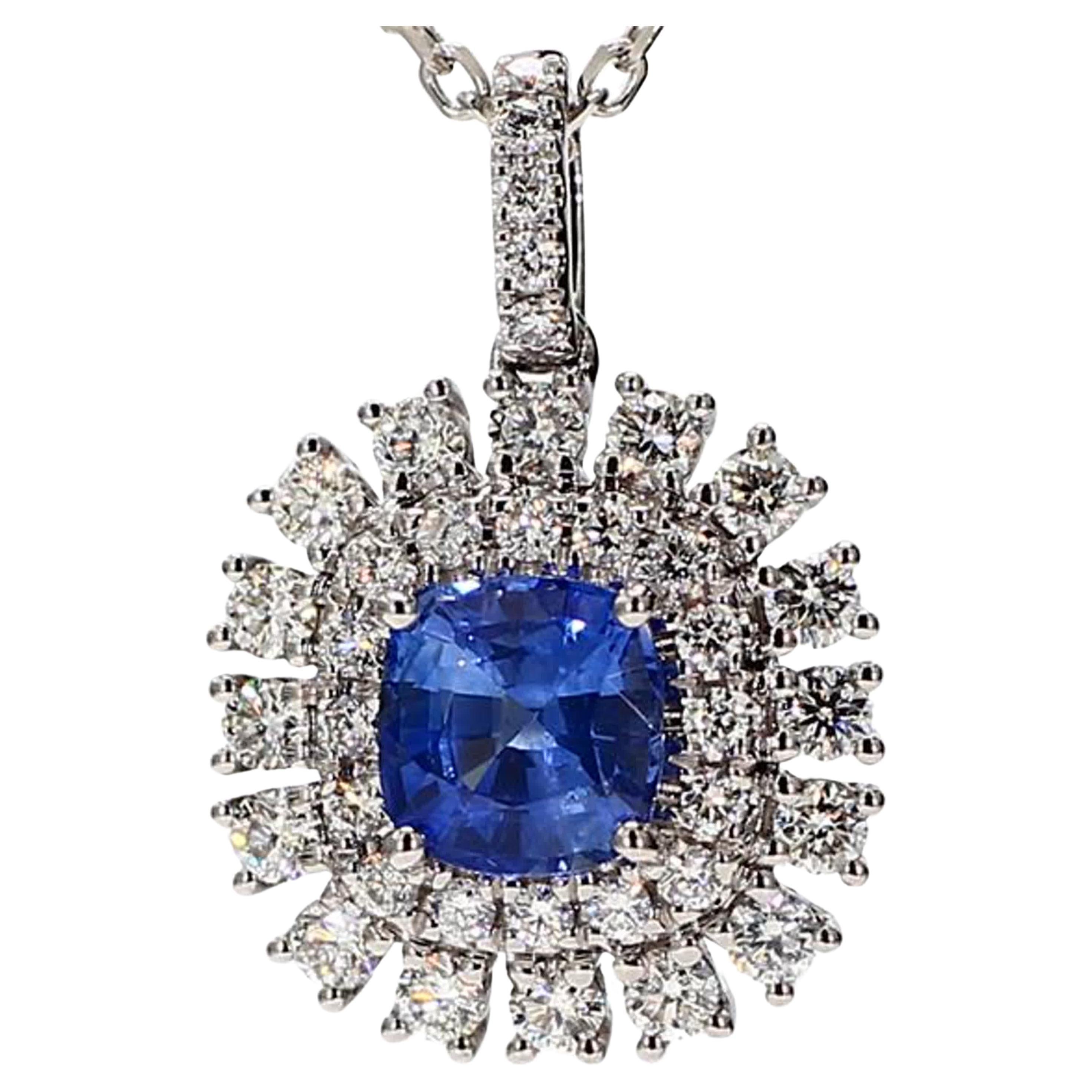 Natural Blue Cushion Sapphire and White Diamond 2.33 Carat TW White Gold Pendant For Sale