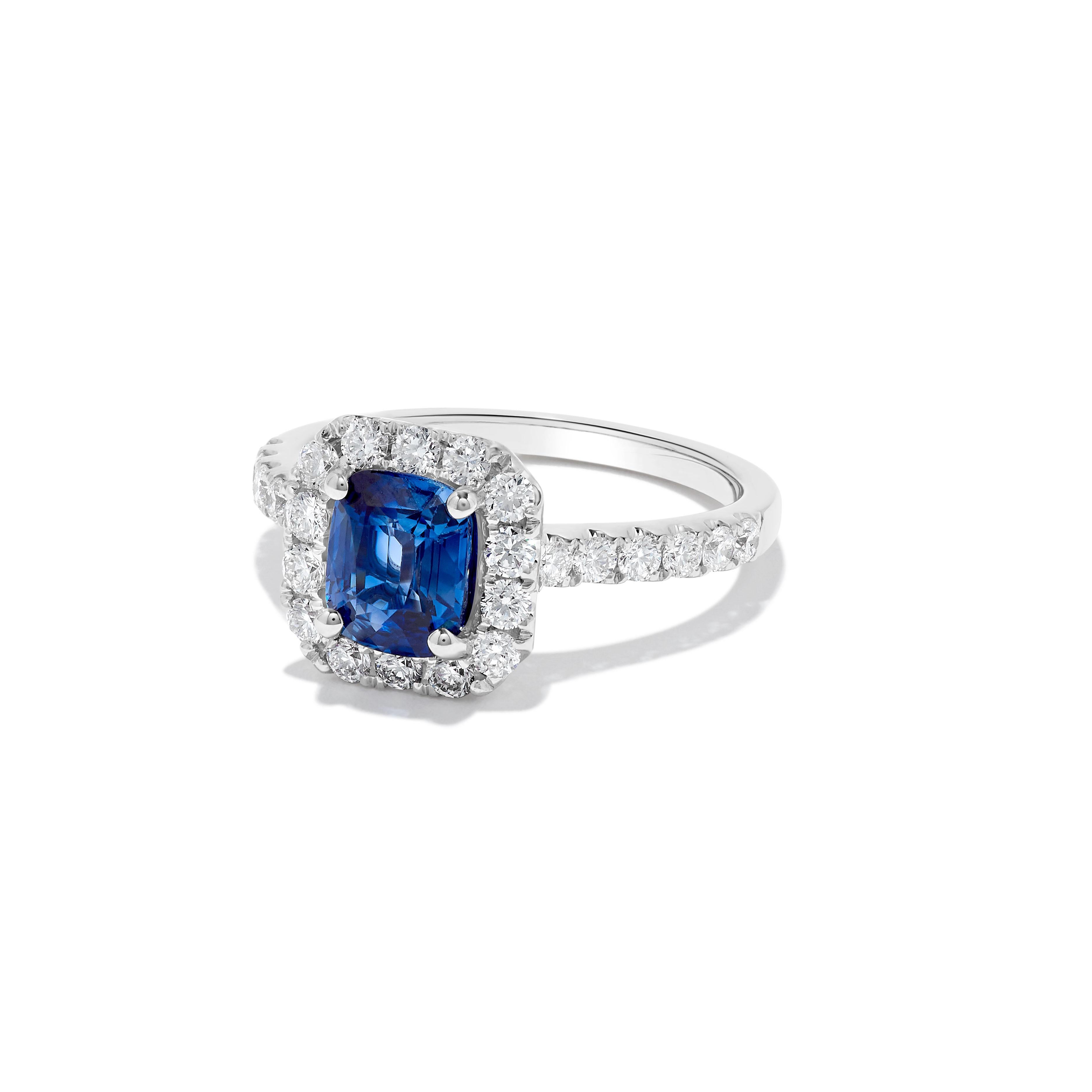 Contemporary Natural Blue Cushion Sapphire and White Diamond 2.36 Carat TW Gold Cocktail Ring For Sale