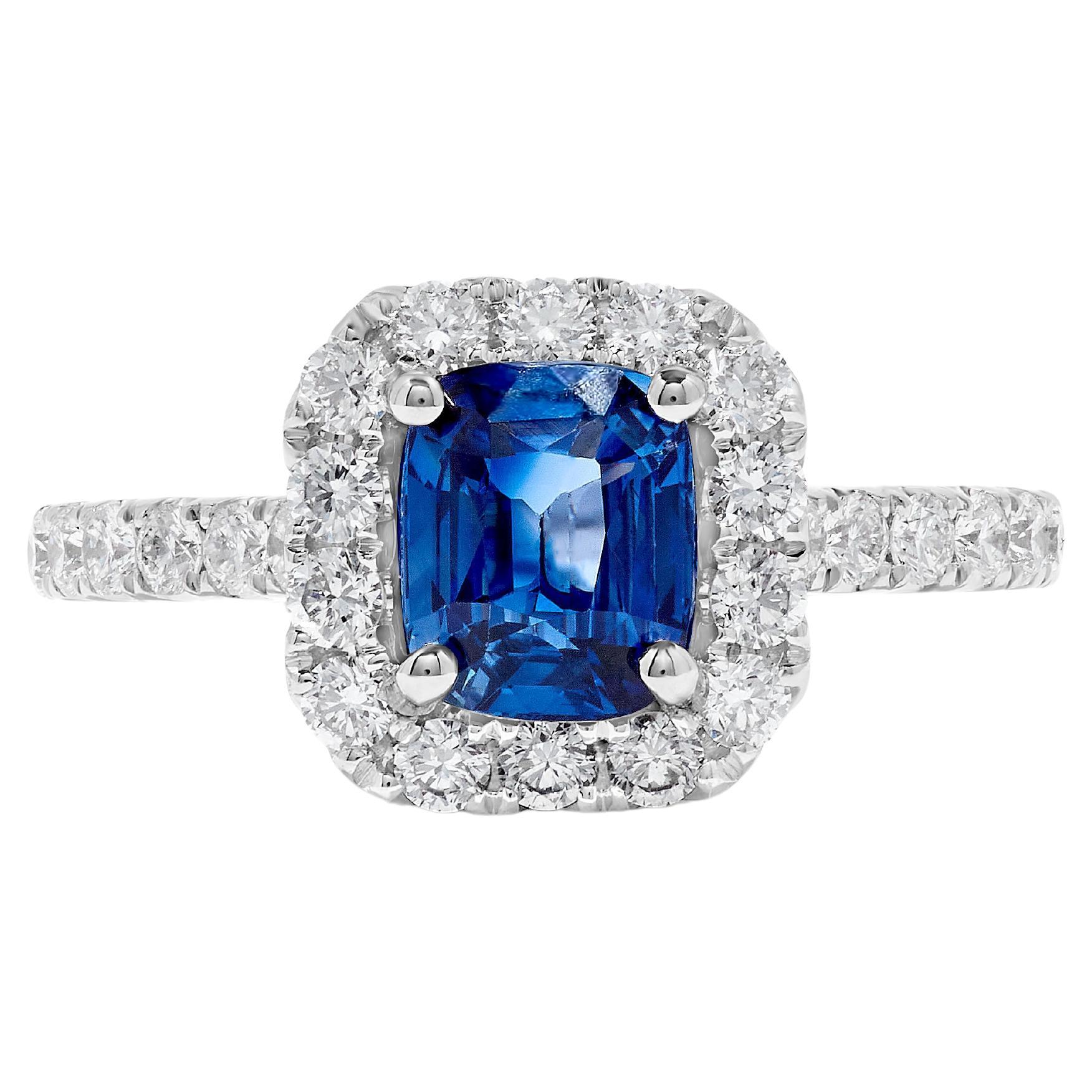 Natural Blue Cushion Sapphire and White Diamond 2.36 Carat TW Gold Cocktail Ring For Sale