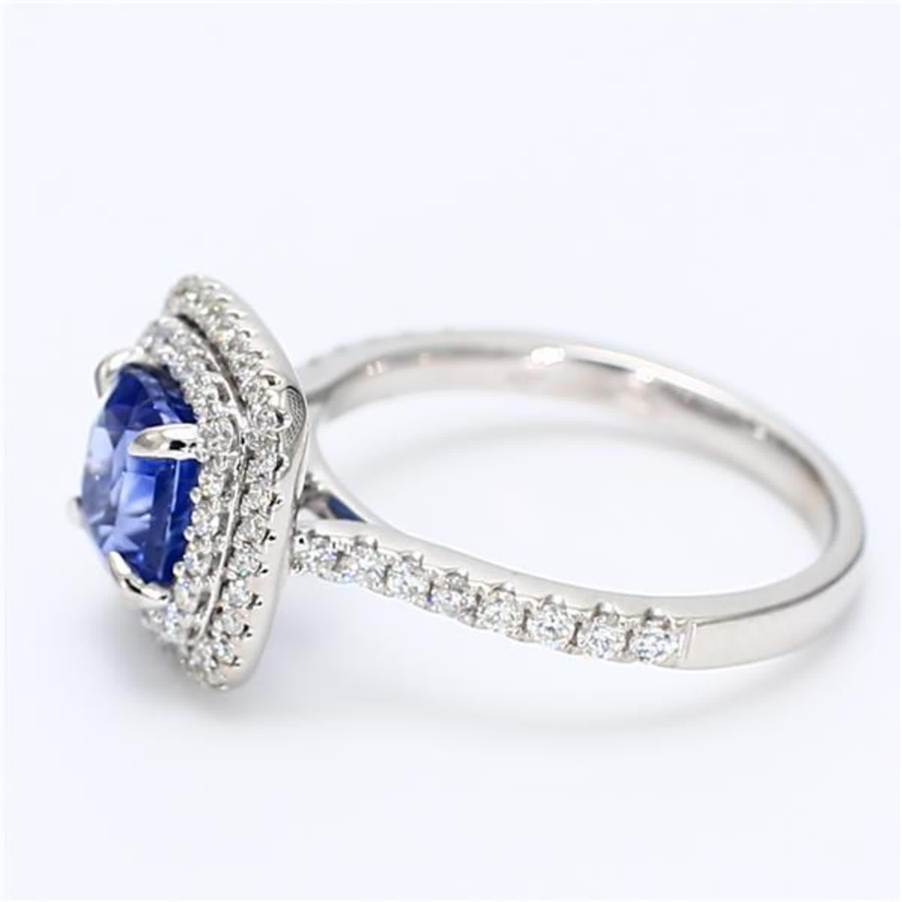 Contemporary Natural Blue Cushion Sapphire and White Diamond 2.38 Carat TW White Gold Ring For Sale