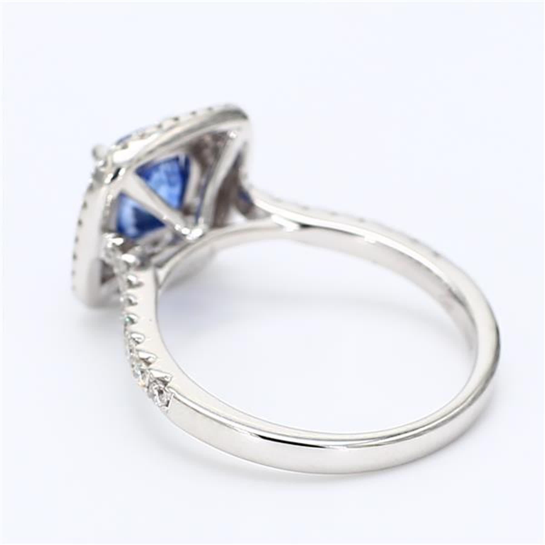 Cushion Cut Natural Blue Cushion Sapphire and White Diamond 2.38 Carat TW White Gold Ring For Sale