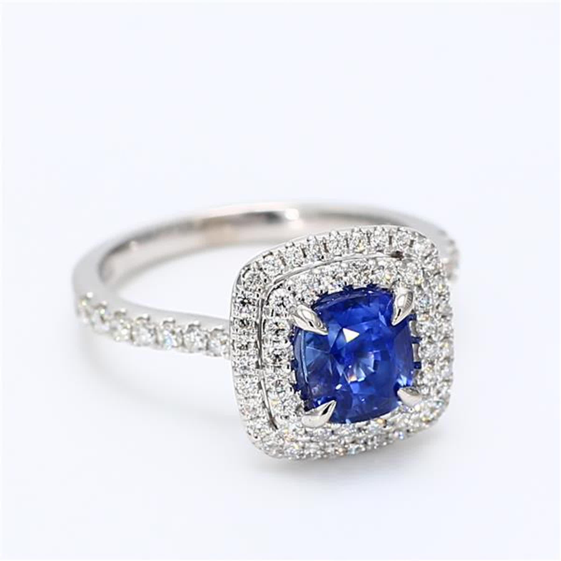 Natural Blue Cushion Sapphire and White Diamond 2.38 Carat TW White Gold Ring For Sale 1