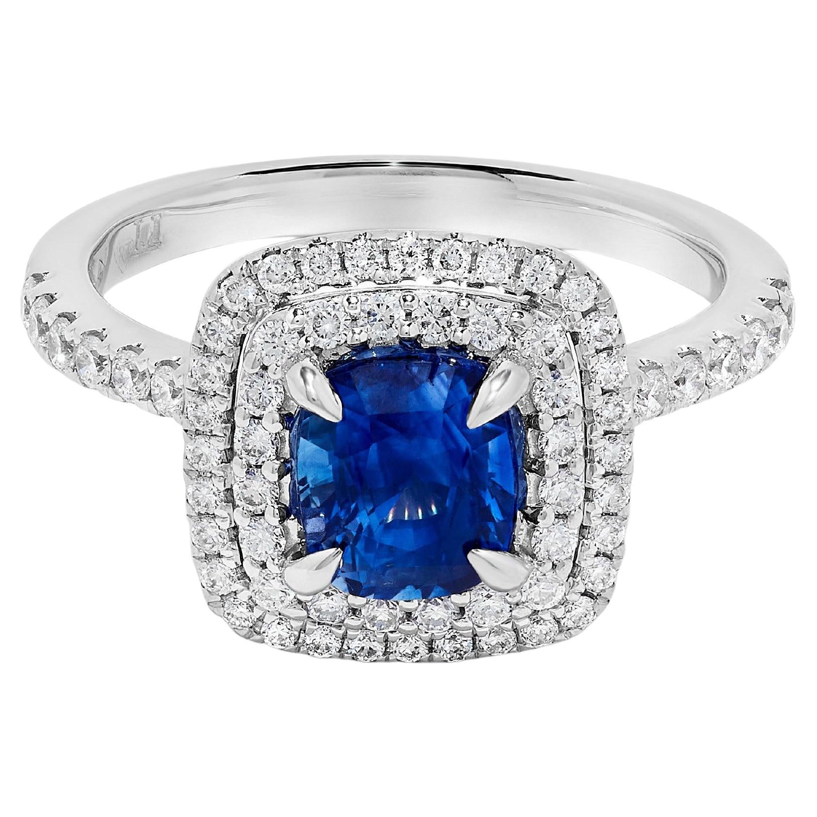 Natural Blue Cushion Sapphire and White Diamond 2.38 Carat TW White Gold Ring