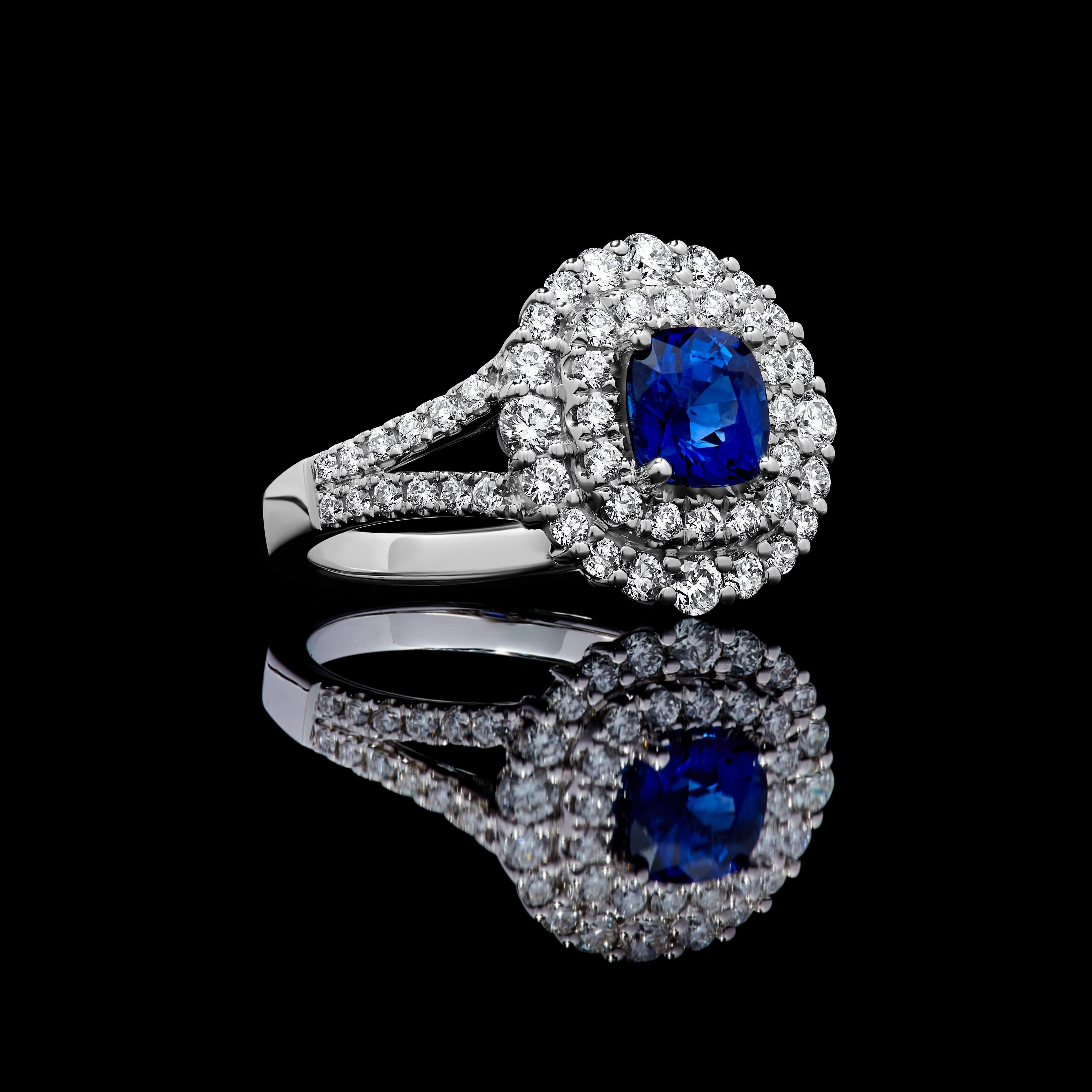 Cushion Cut Natural Blue Cushion Sapphire and White Diamond 2.40 Carat TW Gold Cocktail Ring For Sale