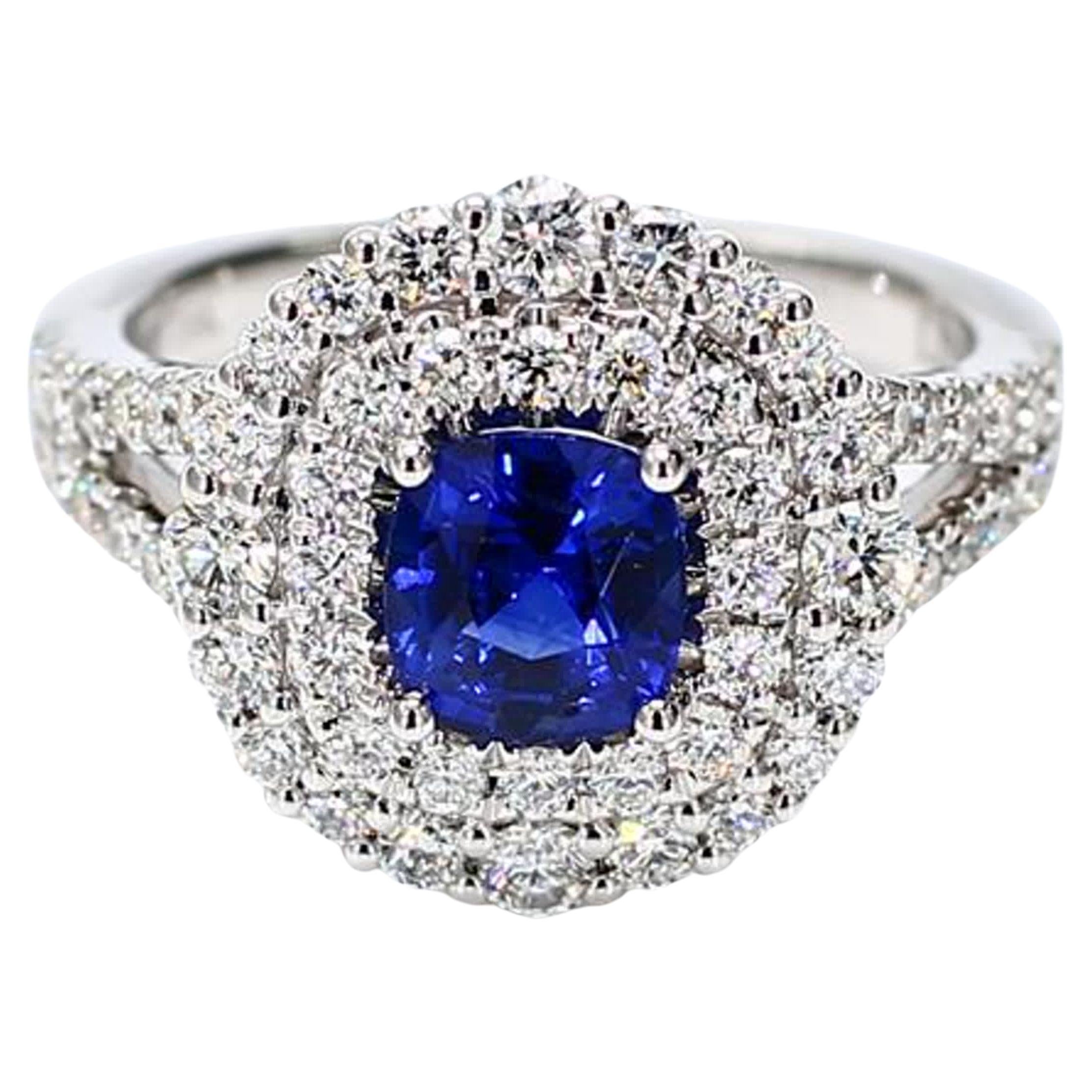 Natural Blue Cushion Sapphire and White Diamond 2.40 Carat TW Gold Cocktail Ring For Sale