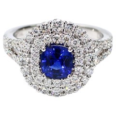 Natural Blue Cushion Sapphire and White Diamond 2.40 Carat TW Gold Cocktail Ring