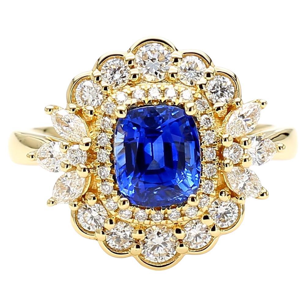 Natural Blue Cushion Sapphire and White Diamond 2.52 Carat TW Gold Cocktail Ring
