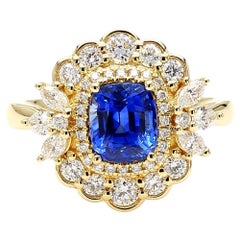Natural Blue Cushion Sapphire and White Diamond 2.52 Carat TW Gold Cocktail Ring