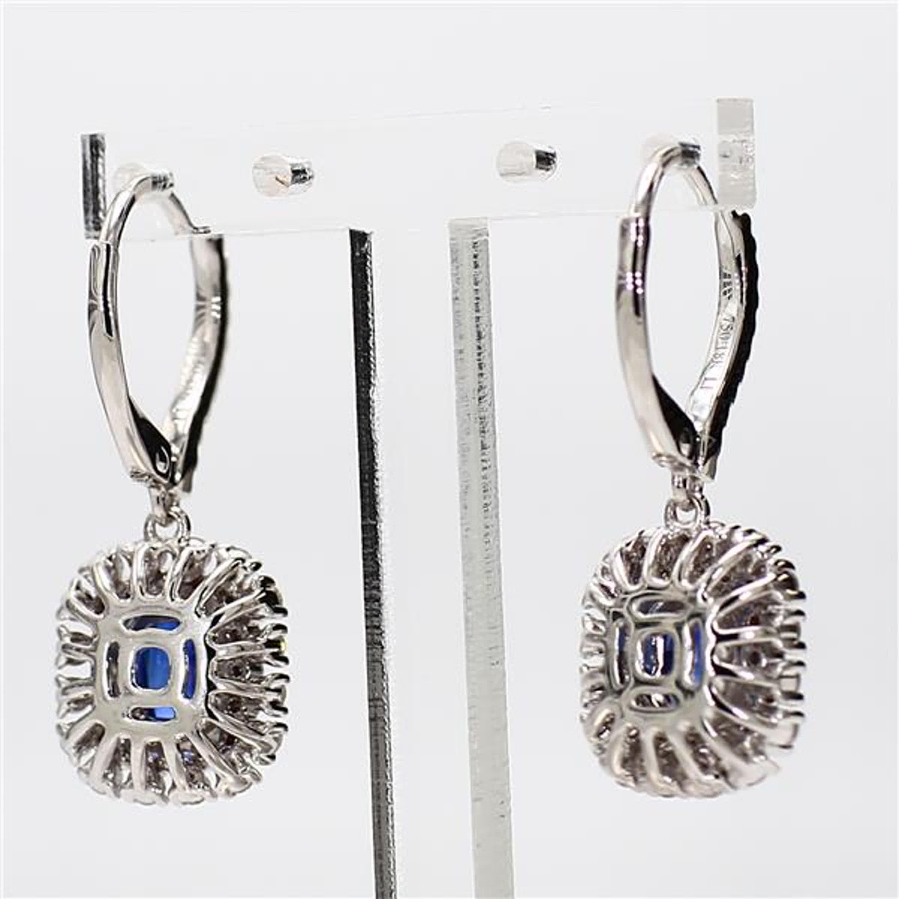 Natural Blue Cushion Sapphire and White Diamond 2.53 Carat TW Gold Drop Earrings In New Condition For Sale In New York, NY