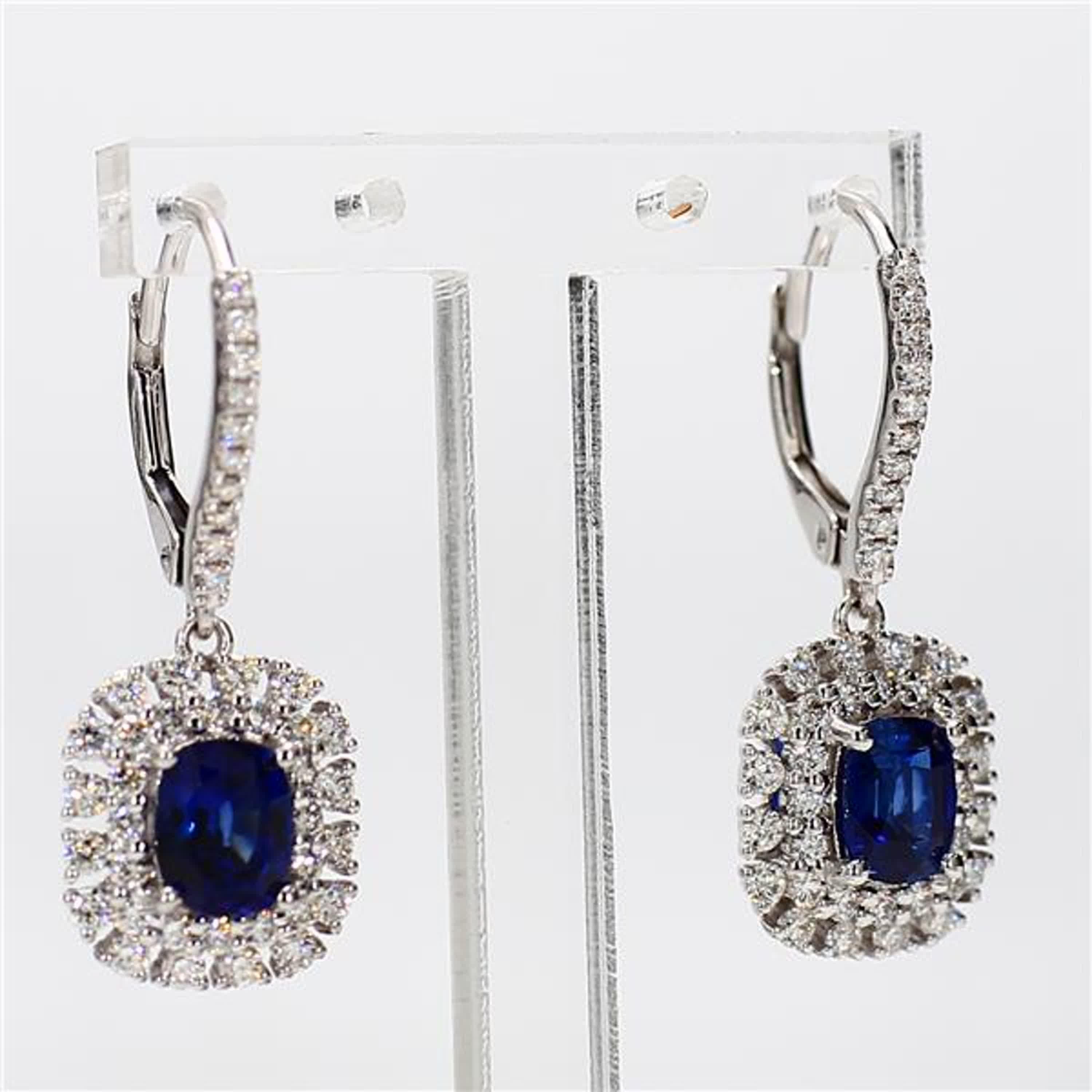 Natural Blue Cushion Sapphire and White Diamond 2.53 Carat TW Gold Drop Earrings For Sale 1