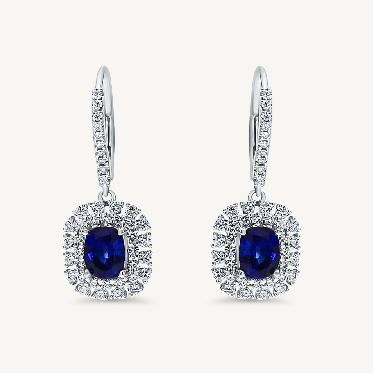 Natural Blue Cushion Sapphire and White Diamond 2.53 Carat TW Gold Drop Earrings For Sale