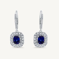 Natural Blue Cushion Sapphire and White Diamond 2.53 Carat TW Gold Drop Earrings