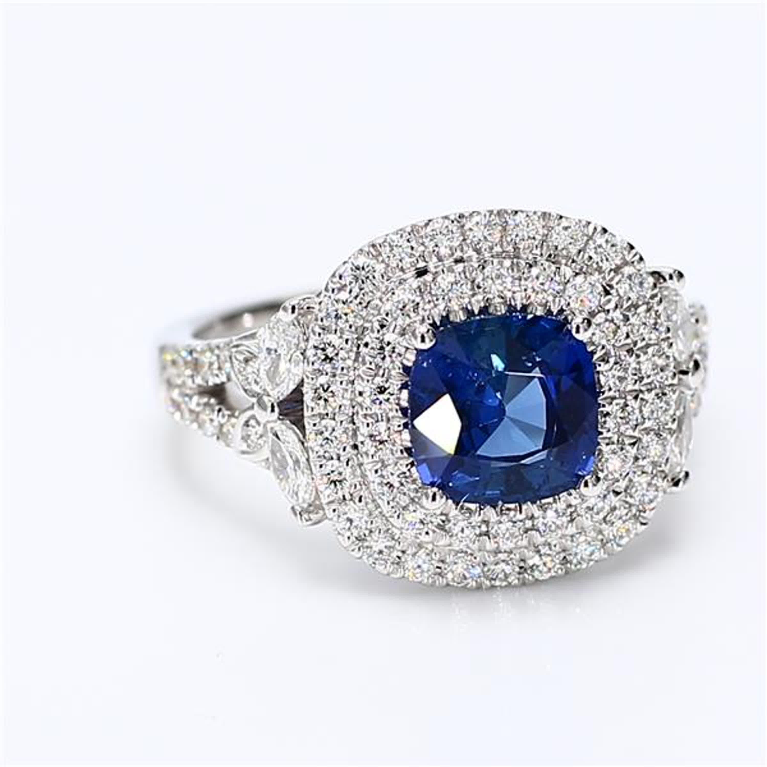 Natural Blue Cushion Sapphire and White Diamond 2.60 Carat TW Gold Cocktail Ring For Sale 1