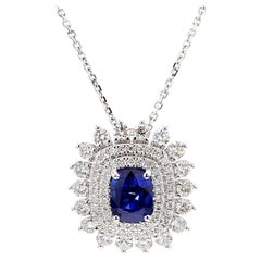 Natural Blue Cushion Sapphire and White Diamond 2.97 Carat TW Gold Drop Pendant