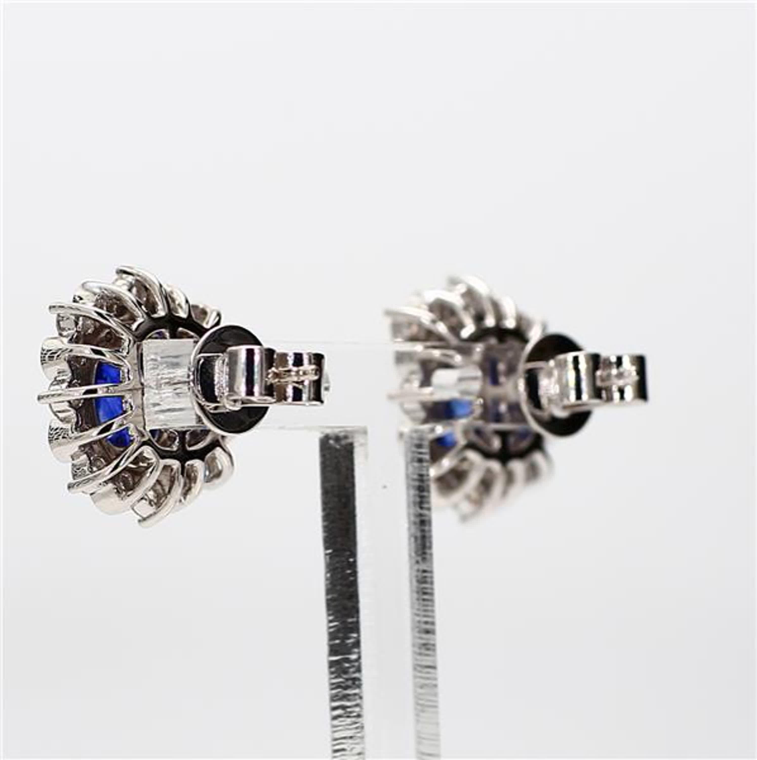 Cushion Cut Natural Blue Cushion Sapphire and White Diamond 3.31 Carat TW Gold Stud Earrings For Sale